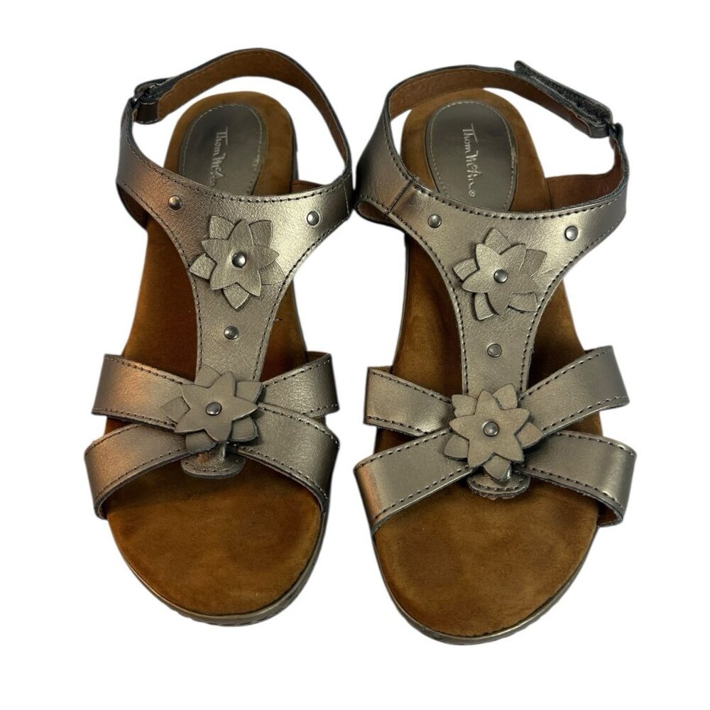 Thom Mcan Women 7M Wanda Wedge Sandal Silver Metallic Ankle Strap Shoe